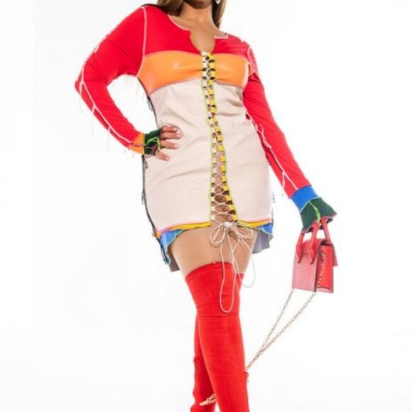 PLUS FAUX LEATHER PATCHWORK MINI DRESS (  BRAND NEW !! ) - Picture 1 of 8